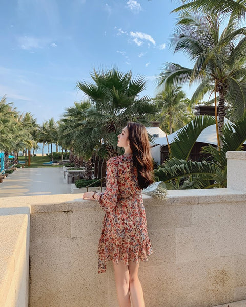 Elegant Long Sleeved Floral lotus leaf Collar V Neck Printed A Line Women Dress