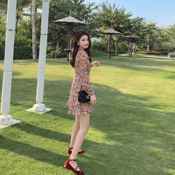 Elegant Long Sleeved Floral lotus leaf Collar V Neck Printed A Line Women Dress