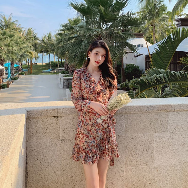 Elegant Long Sleeved Floral lotus leaf Collar V Neck Printed A Line Women Dress