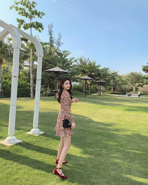 Elegant Long Sleeved Floral lotus leaf Collar V Neck Printed A Line Women Dress