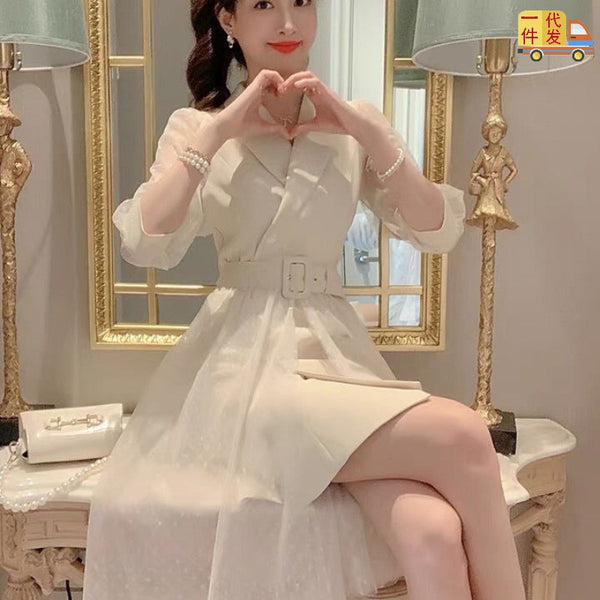 Luxury Design Office ladies Temperament Suit Mesh Sleeves Waist Skirt Dress