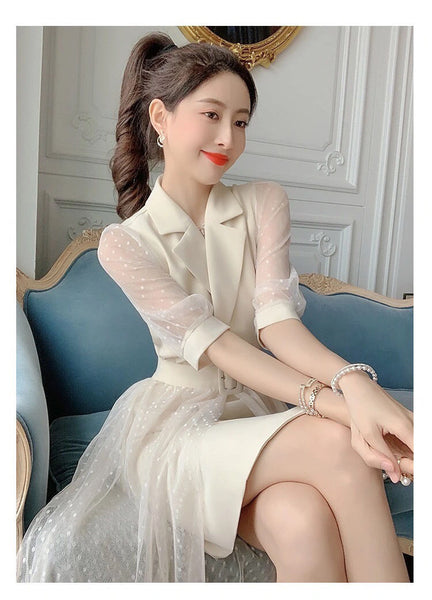 Luxury Design Office ladies Temperament Suit Mesh Sleeves Waist Skirt Dress