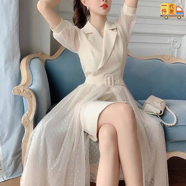 Luxury Design Office ladies Temperament Suit Mesh Sleeves Waist Skirt Dress