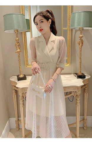 Luxury Design Office ladies Temperament Suit Mesh Sleeves Waist Skirt Dress