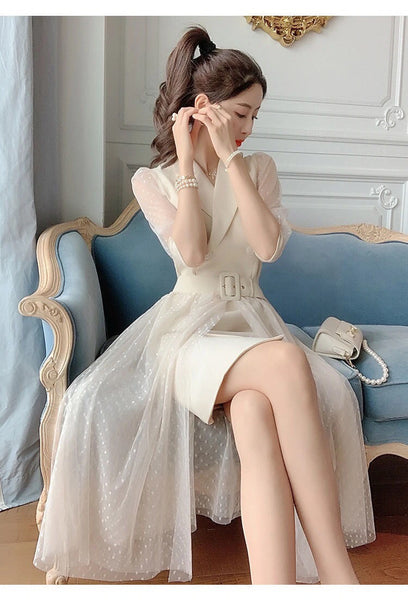 Luxury Design Office ladies Temperament Suit Mesh Sleeves Waist Skirt Dress