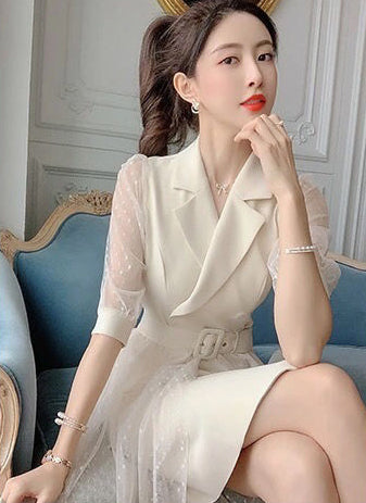 Luxury Design Office ladies Temperament Suit Mesh Sleeves Waist Skirt Dress