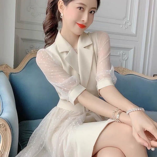 Luxury Design Office ladies Temperament Suit Mesh Sleeves Waist Skirt Dress