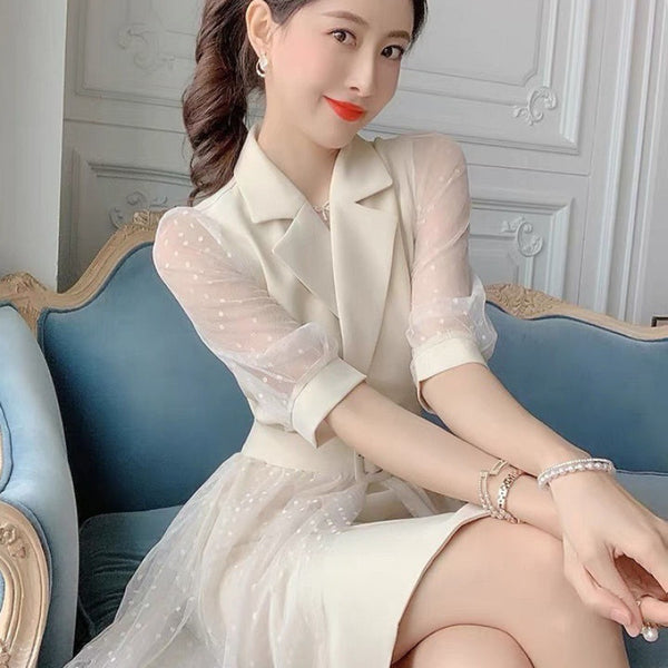 Luxury Design Office ladies Temperament Suit Mesh Sleeves Waist Skirt Dress