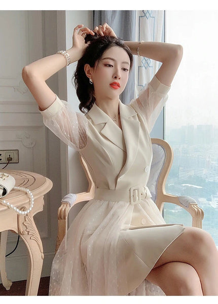 Luxury Design Office ladies Temperament Suit Mesh Sleeves Waist Skirt Dress