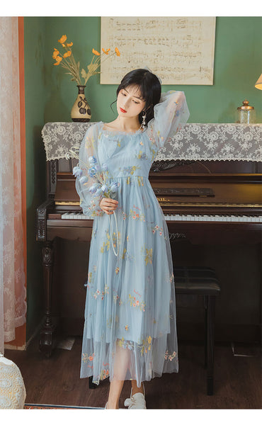 Retro Style Lace Mesh Double Layer Long Sleeved Holiday Women Travel Dress