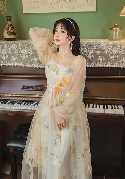 Retro Style Lace Mesh Double Layer Long Sleeved Holiday Women Travel Dress