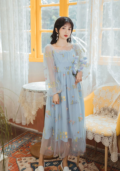 Retro Style Lace Mesh Double Layer Long Sleeved Holiday Women Travel Dress