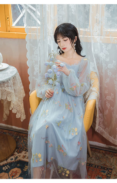 Retro Style Lace Mesh Double Layer Long Sleeved Holiday Women Travel Dress