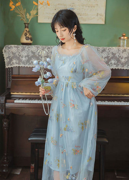 Retro Style Lace Mesh Double Layer Long Sleeved Holiday Women Travel Dress