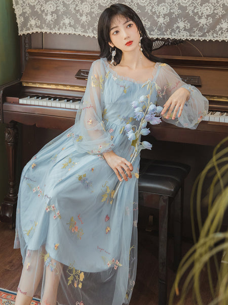 Retro Style Lace Mesh Double Layer Long Sleeved Holiday Women Travel Dress