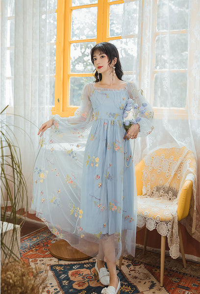 Retro Style Lace Mesh Double Layer Long Sleeved Holiday Women Travel Dress