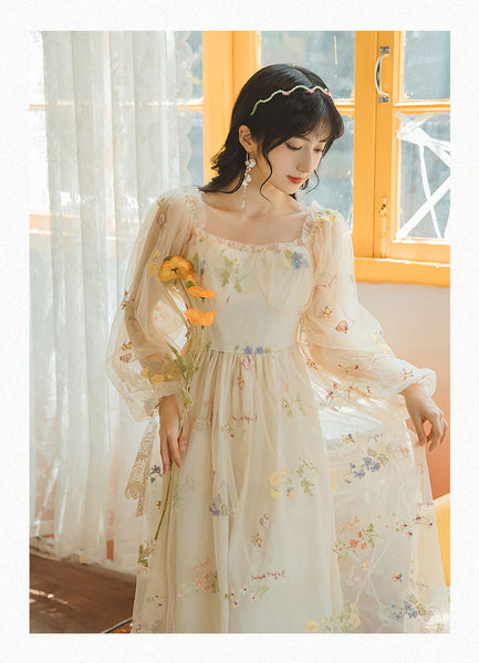 Retro Style Lace Mesh Double Layer Long Sleeved Holiday Women Travel Dress