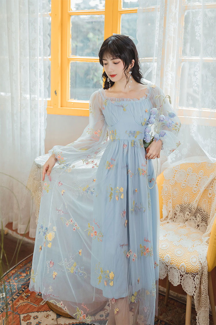 Retro Style Lace Mesh Double Layer Long Sleeved Holiday Women Travel Dress