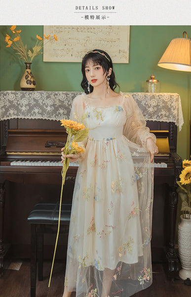 Retro Style Lace Mesh Double Layer Long Sleeved Holiday Women Travel Dress