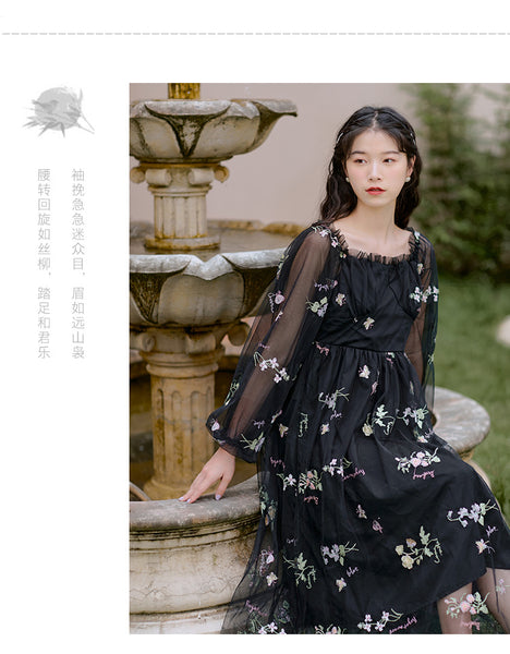 Retro Style Lace Mesh Double Layer Long Sleeved Holiday Women Travel Dress