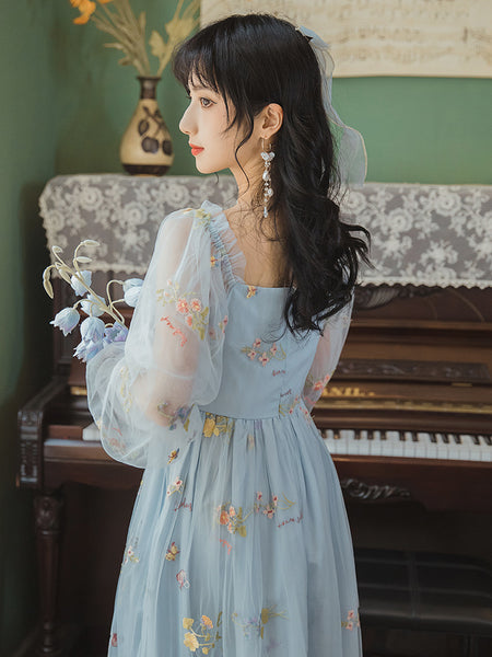 Retro Style Lace Mesh Double Layer Long Sleeved Holiday Women Travel Dress