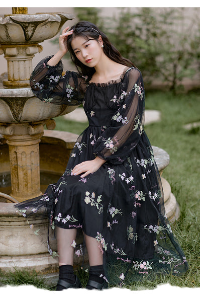 Retro Style Lace Mesh Double Layer Long Sleeved Holiday Women Travel Dress