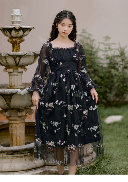 Retro Style Lace Mesh Double Layer Long Sleeved Holiday Women Travel Dress