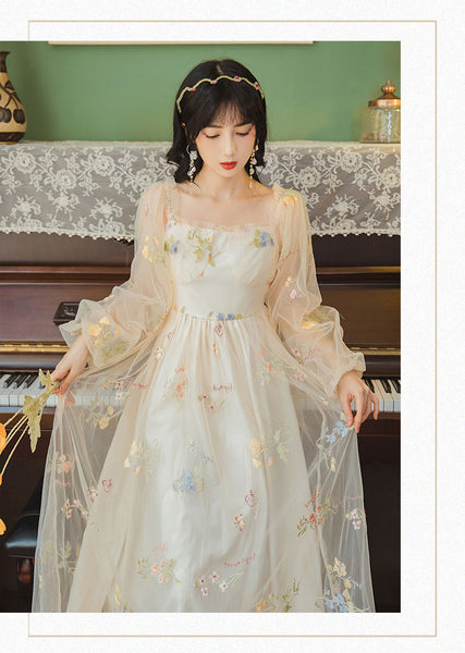 Retro Style Lace Mesh Double Layer Long Sleeved Holiday Women Travel Dress