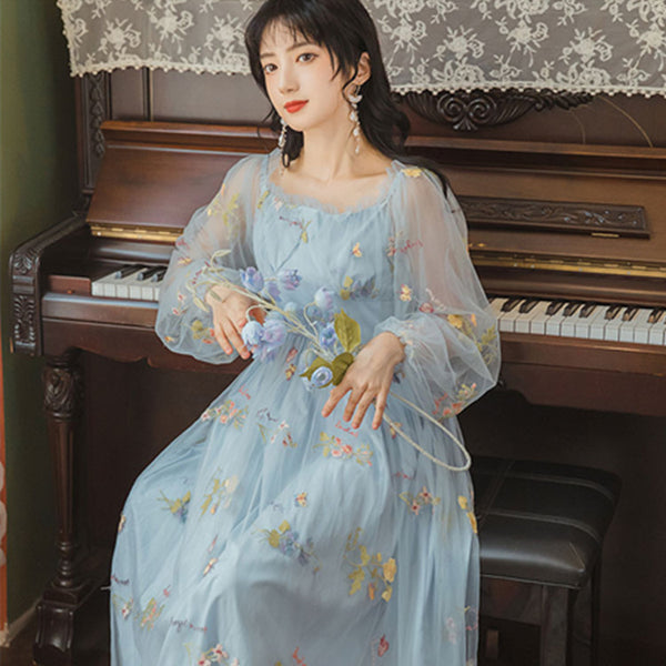 Retro Style Lace Mesh Double Layer Long Sleeved Holiday Women Travel Dress