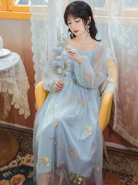 Retro Style Lace Mesh Double Layer Long Sleeved Holiday Women Travel Dress