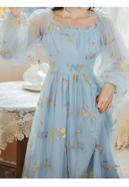 Retro Style Lace Mesh Double Layer Long Sleeved Holiday Women Travel Dress