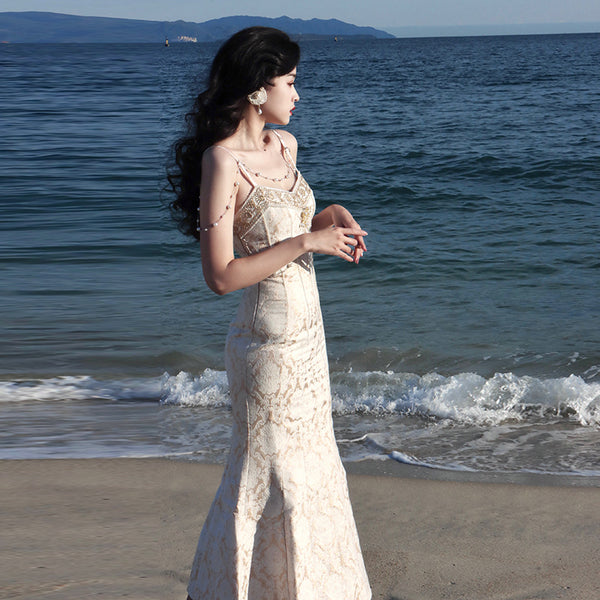 Retro Sexy V Neck Evening Elegant Embroidery Lace Dance Party Skirt Fishtail Dress