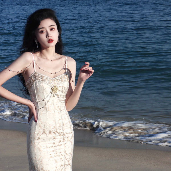 Retro Sexy V Neck Evening Elegant Embroidery Lace Dance Party Skirt Fishtail Dress