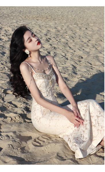 Retro Sexy V Neck Evening Elegant Embroidery Lace Dance Party Skirt Fishtail Dress