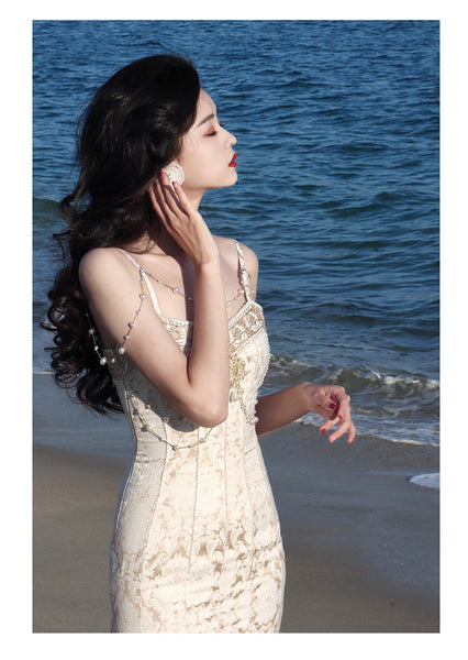 Retro Sexy V Neck Evening Elegant Embroidery Lace Dance Party Skirt Fishtail Dress