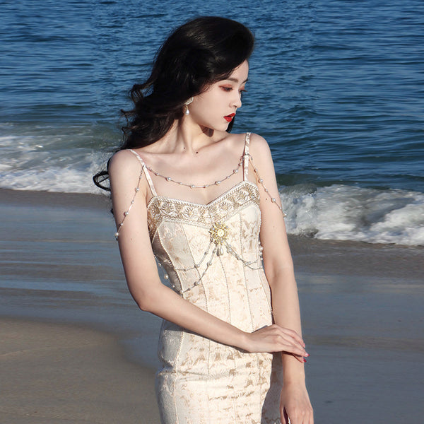 Retro Sexy V Neck Evening Elegant Embroidery Lace Dance Party Skirt Fishtail Dress