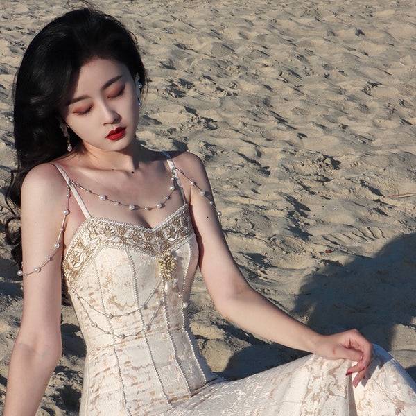 Retro Sexy V Neck Evening Elegant Embroidery Lace Dance Party Skirt Fishtail Dress