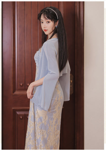 Elegant Fairy Blue Lace Anti UV Top Trumpet Sleeve Cardigan Suit Dress