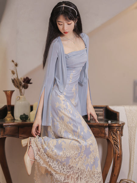 Elegant Fairy Blue Lace Anti UV Top Trumpet Sleeve Cardigan Suit Dress