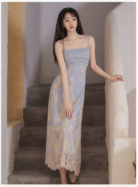 Elegant Fairy Blue Lace Anti UV Top Trumpet Sleeve Cardigan Suit Dress