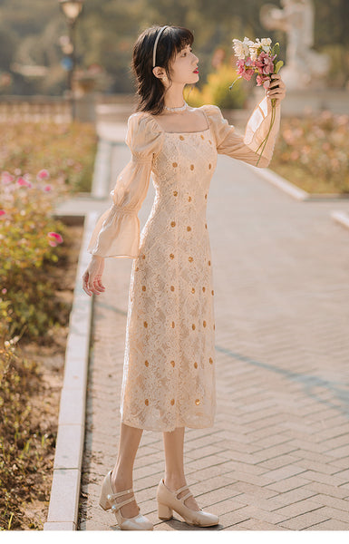 Elegant Lace Women Retro Fairy Chic Square Collar Holiday Party Dress