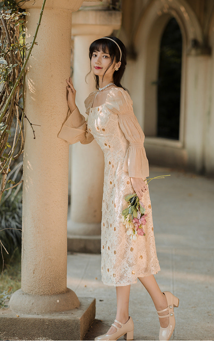 Elegant Lace Women Retro Fairy Chic Square Collar Holiday Party Dress