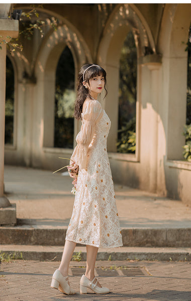 Elegant Lace Women Retro Fairy Chic Square Collar Holiday Party Dress