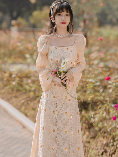 Elegant Lace Women Retro Fairy Chic Square Collar Holiday Party Dress