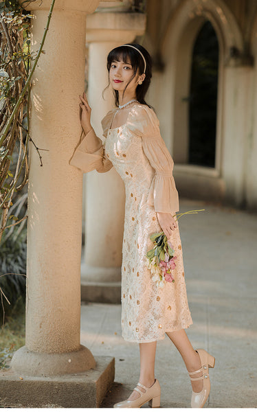 Elegant Lace Women Retro Fairy Chic Square Collar Holiday Party Dress