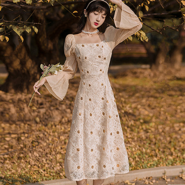 Elegant Lace Women Retro Fairy Chic Square Collar Holiday Party Dress