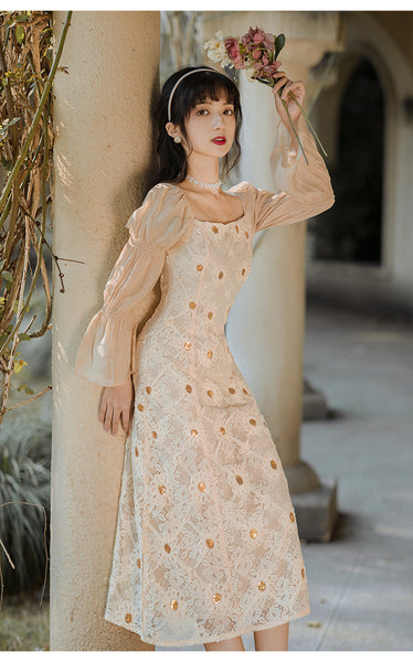 Elegant Lace Women Retro Fairy Chic Square Collar Holiday Party Dress