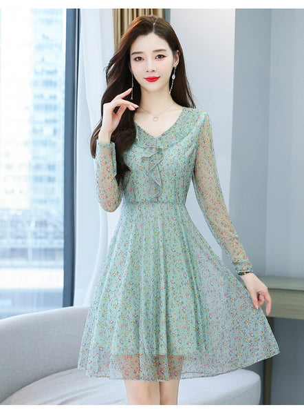 Large Size Women Clothing New fashion Floral Chiffon Temperament Waist Mid Length Skirt dress
