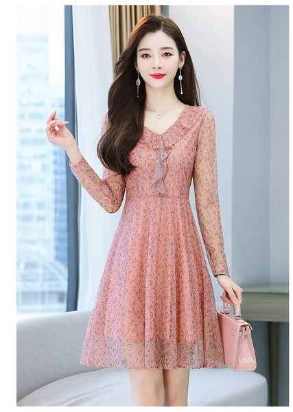 Large Size Women Clothing New fashion Floral Chiffon Temperament Waist Mid Length Skirt dress