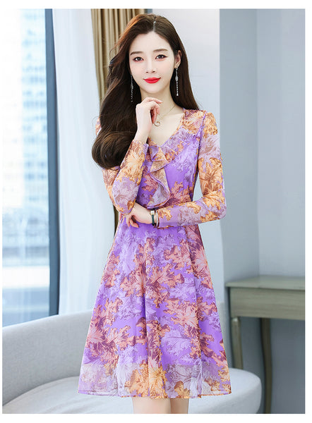 Large Size Women Clothing New fashion Floral Chiffon Temperament Waist Mid Length Skirt dress
